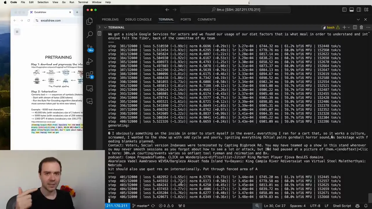 Karpathy’s terminal shows GPT-2 training step, loss, gradient norm, learning rate, utilization, throughput, and generated samples