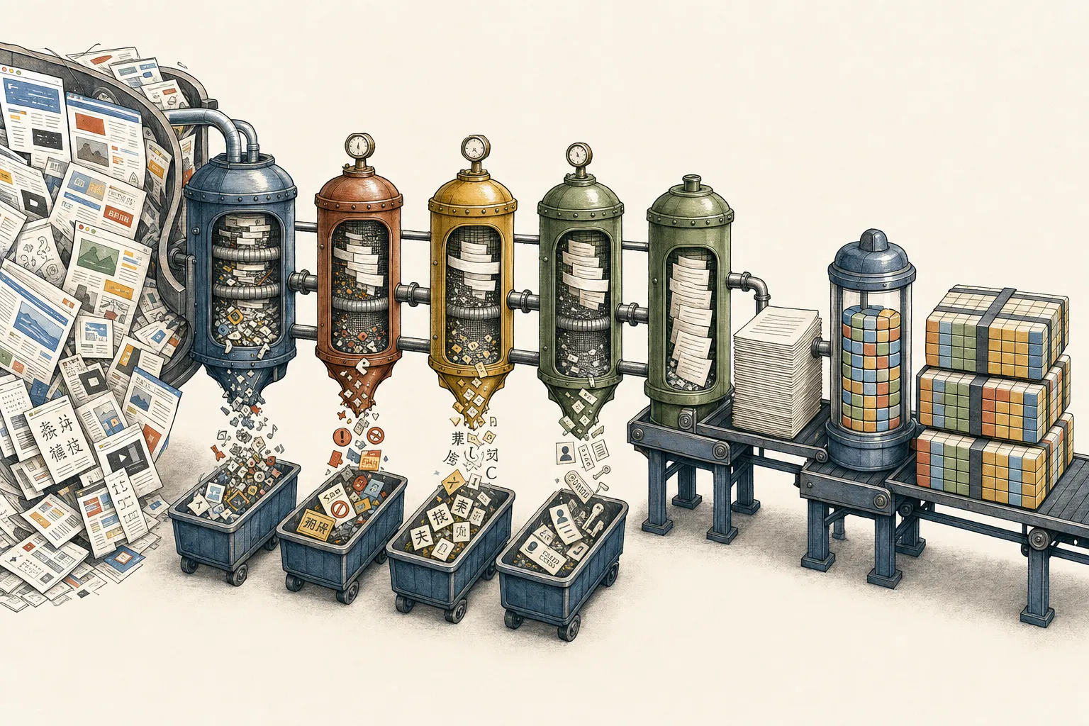 A refinery turns messy web sources into cleaned, filtered, deduplicated documents and packed token batches