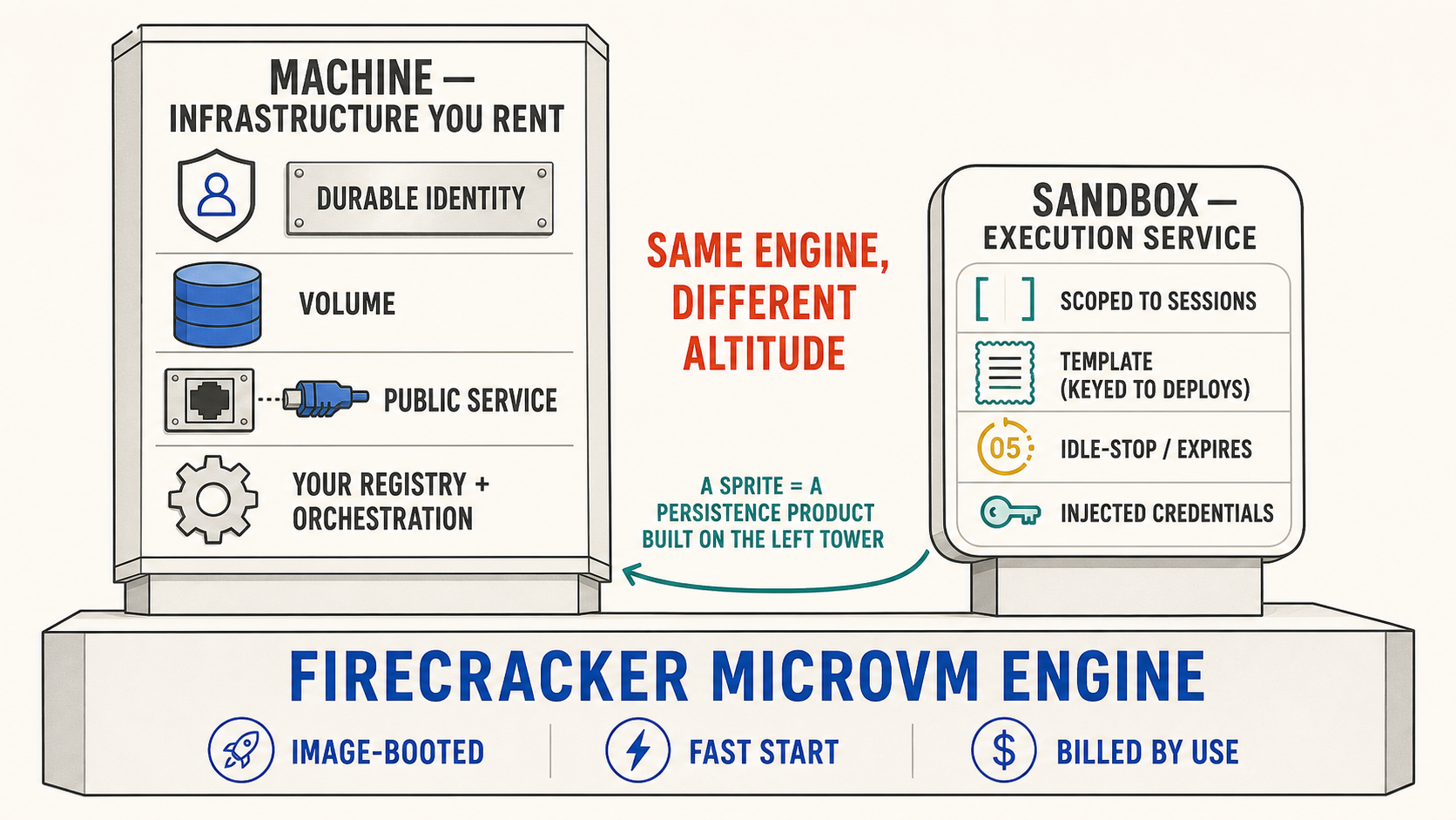 Same engine, different altitude: one Firecracker microVM layer below, and above it two different product towers — a rentable Machine with durable identity and volumes, and a session-scoped sandbox with a template and an expiry timer
